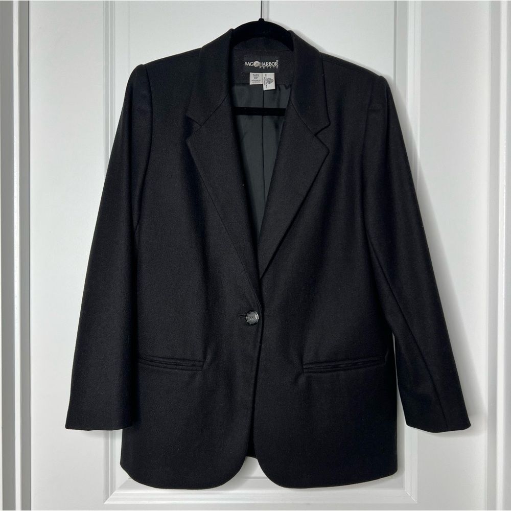 Sag Harbor Women's Wool Blazer Black 8P One Button Super Soft Lined Hip Length